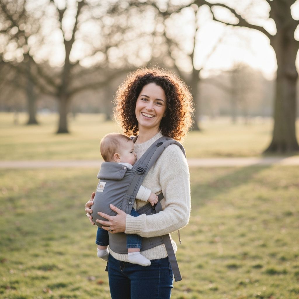 Mother using a baby product with infant at home